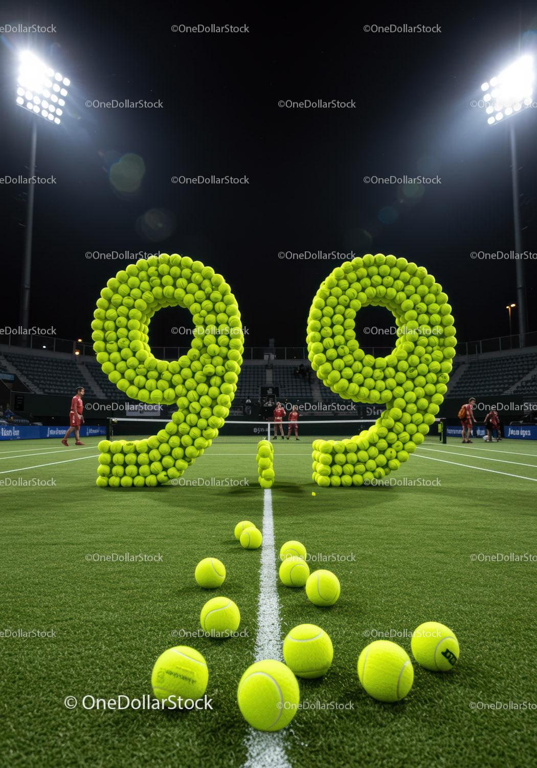 Night tennis court with vibrant tennis ball score display