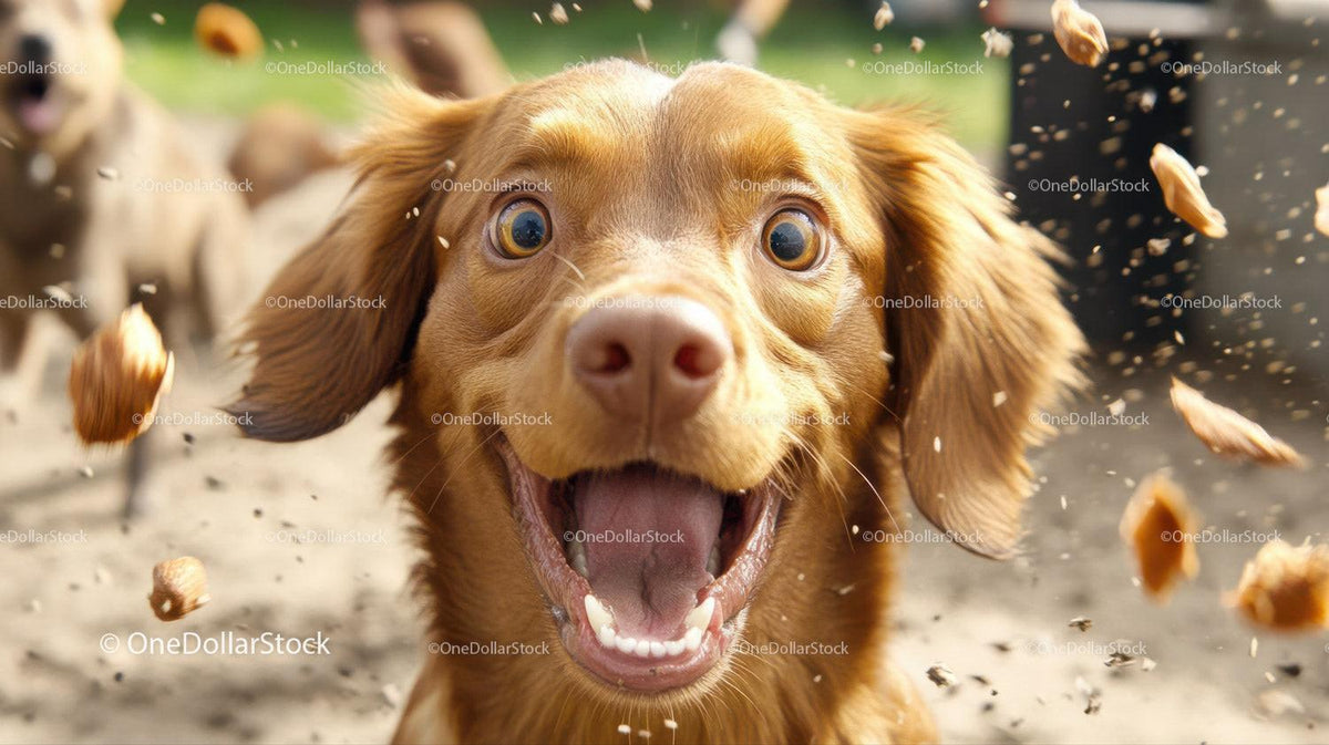 Excited brown dog face with flying dog treats and outdoor background