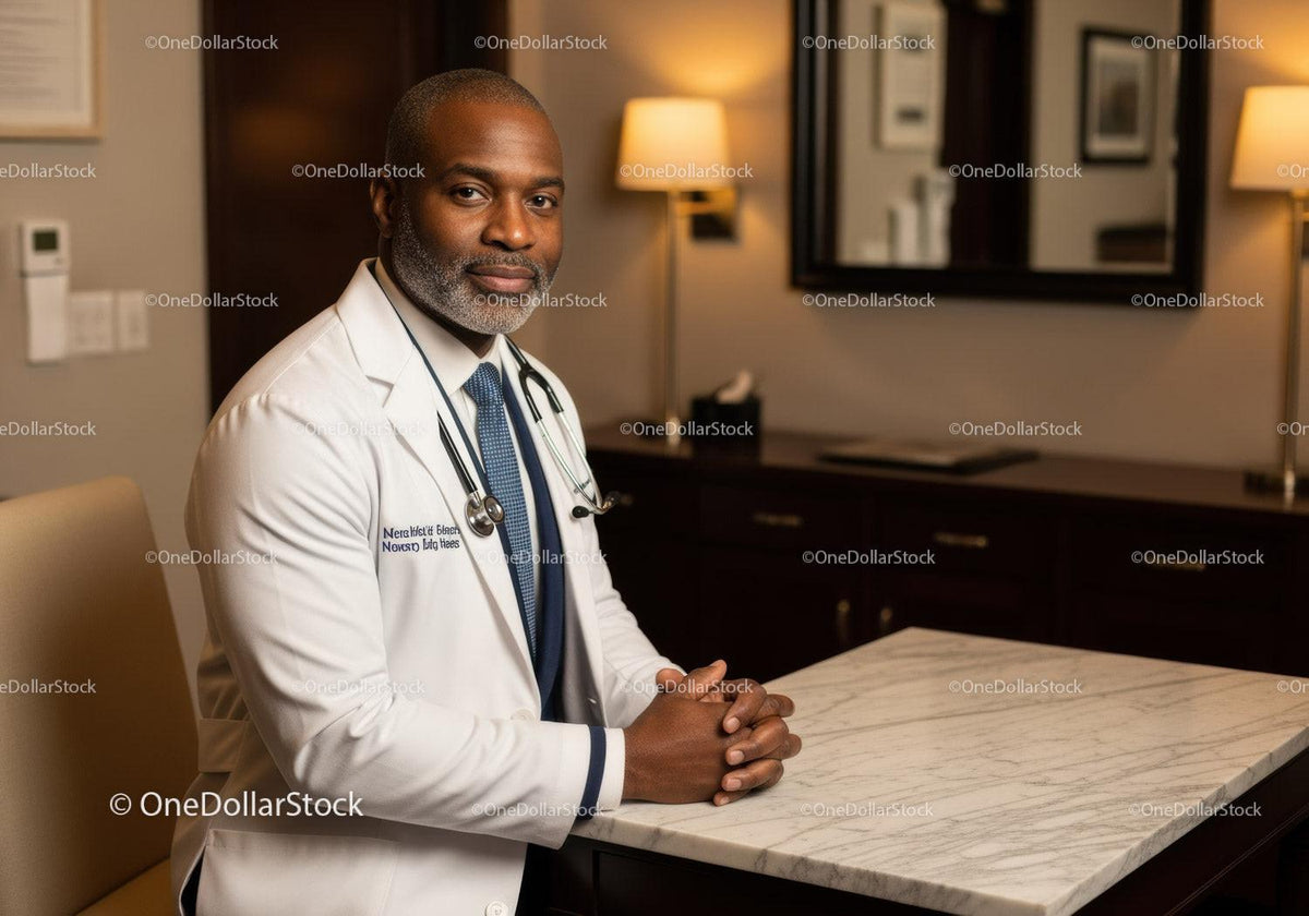 Senior Male Doctor in White Coat with Stethoscope in Modern Clinic Office