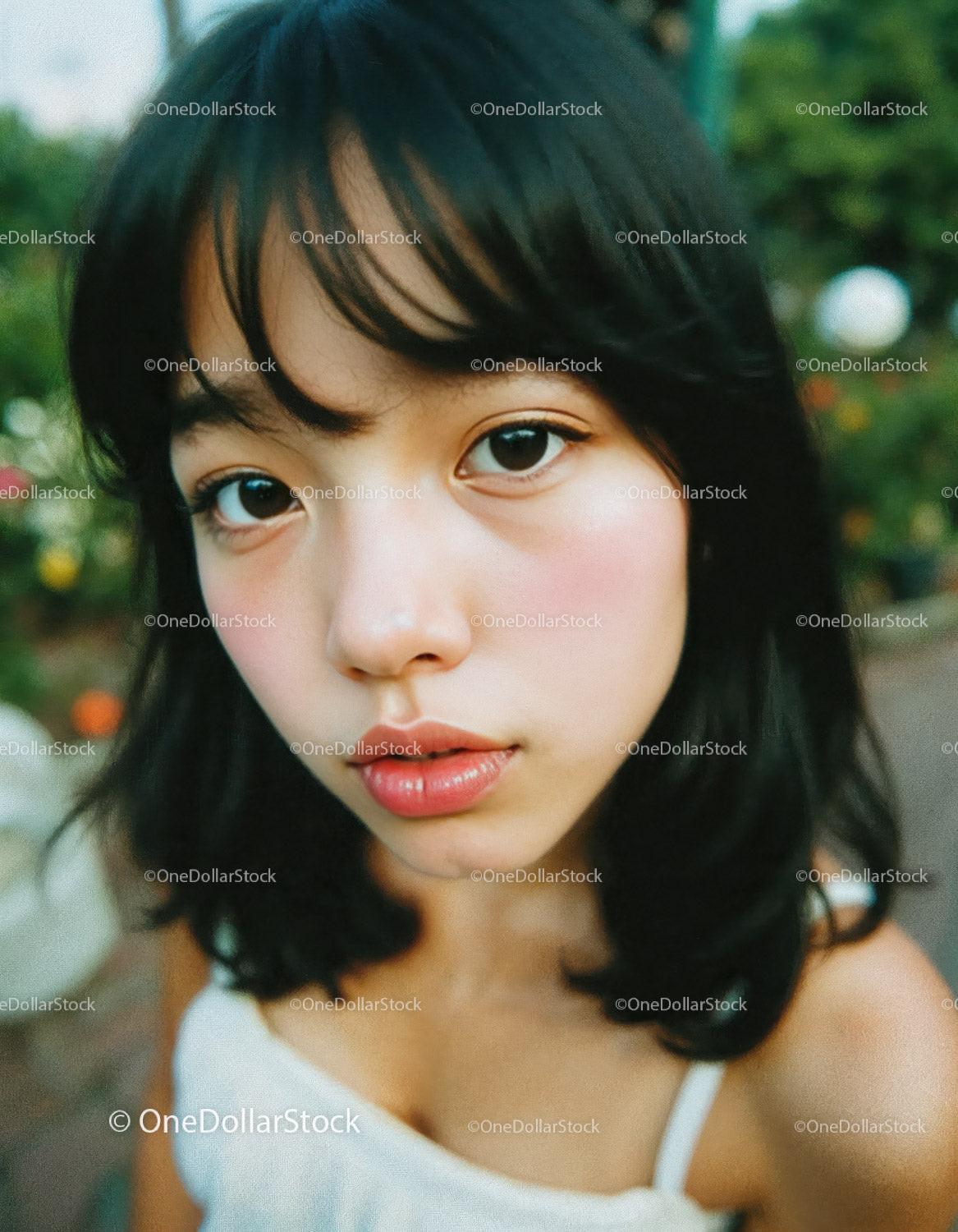 Close-Up Portrait of a Young Woman with Black Hair in Natural Setting