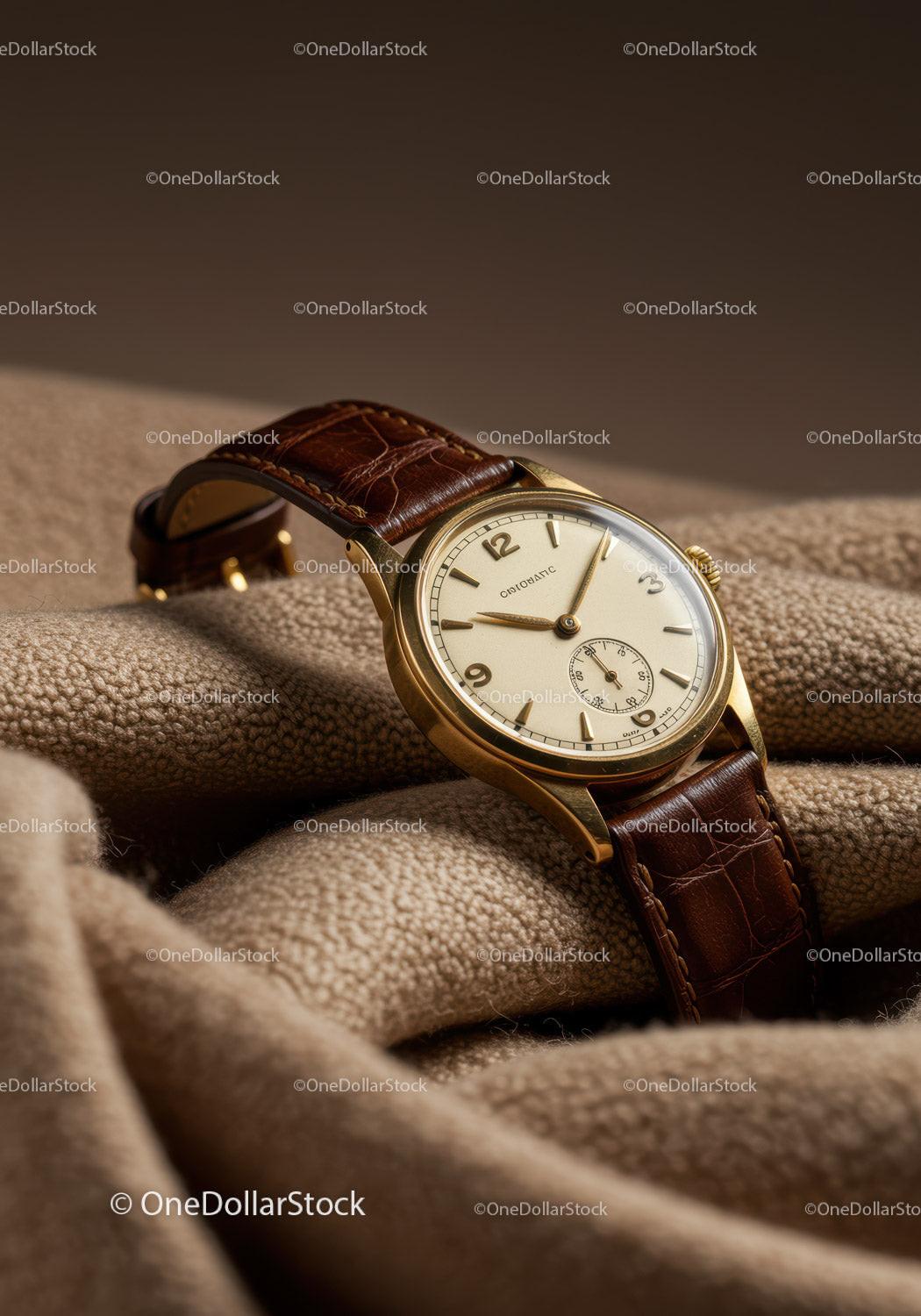 Elegant Gold Wristwatch with Leather Strap on Fabric Surface