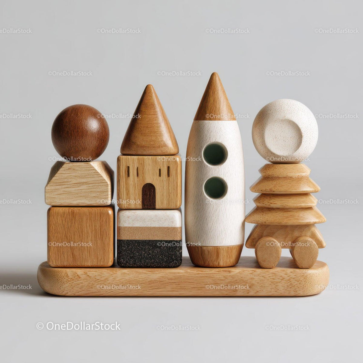 Wooden geometric stacking toy figures with smooth natural finishes on base