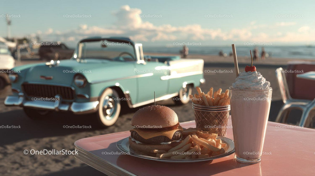 Beachside Cheeseburger French Fries and Milkshake with Classic Car Stock Photo Bundle preview 18