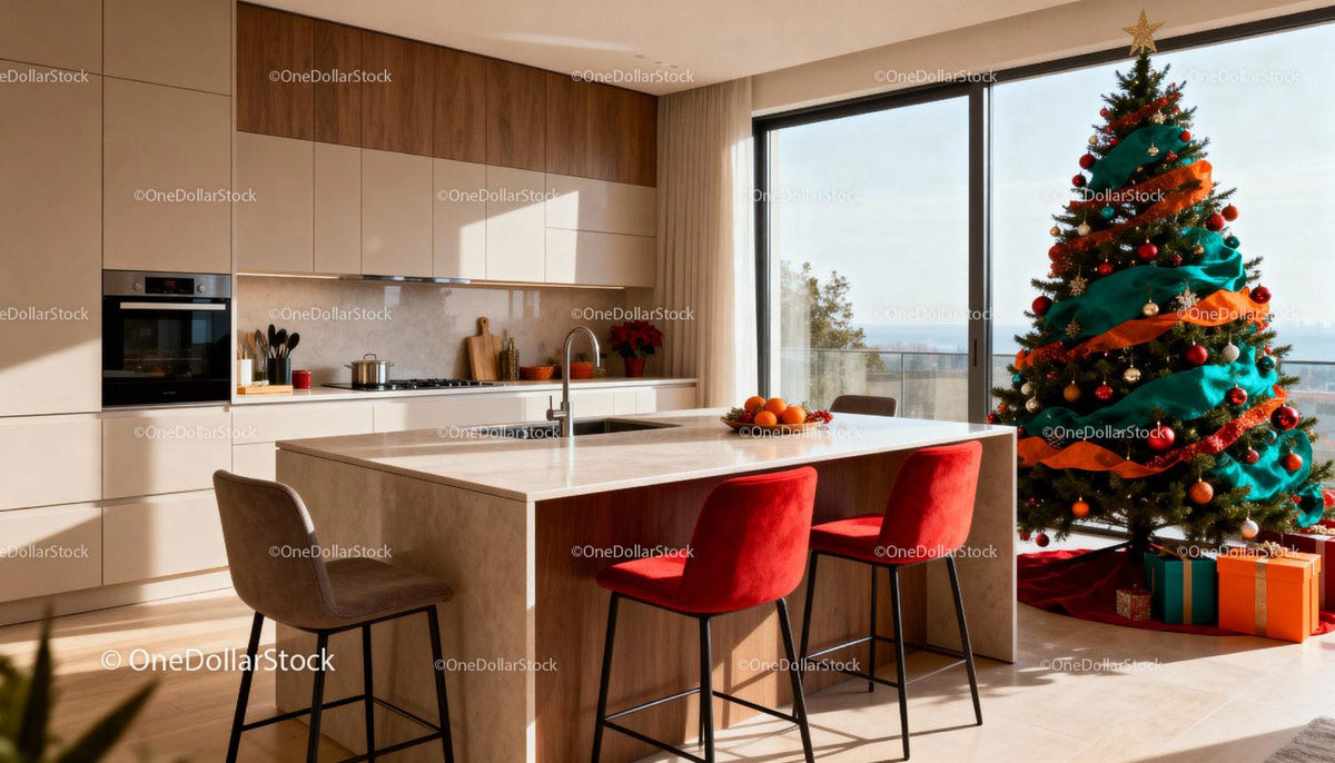 Modern kitchen with festive Christmas tree and natural light