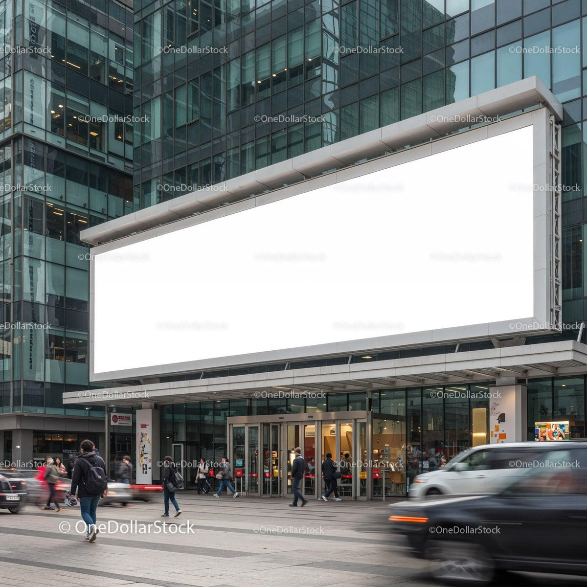 People walking in front of modern storefront with blank billboard JPG Mockup Image preview