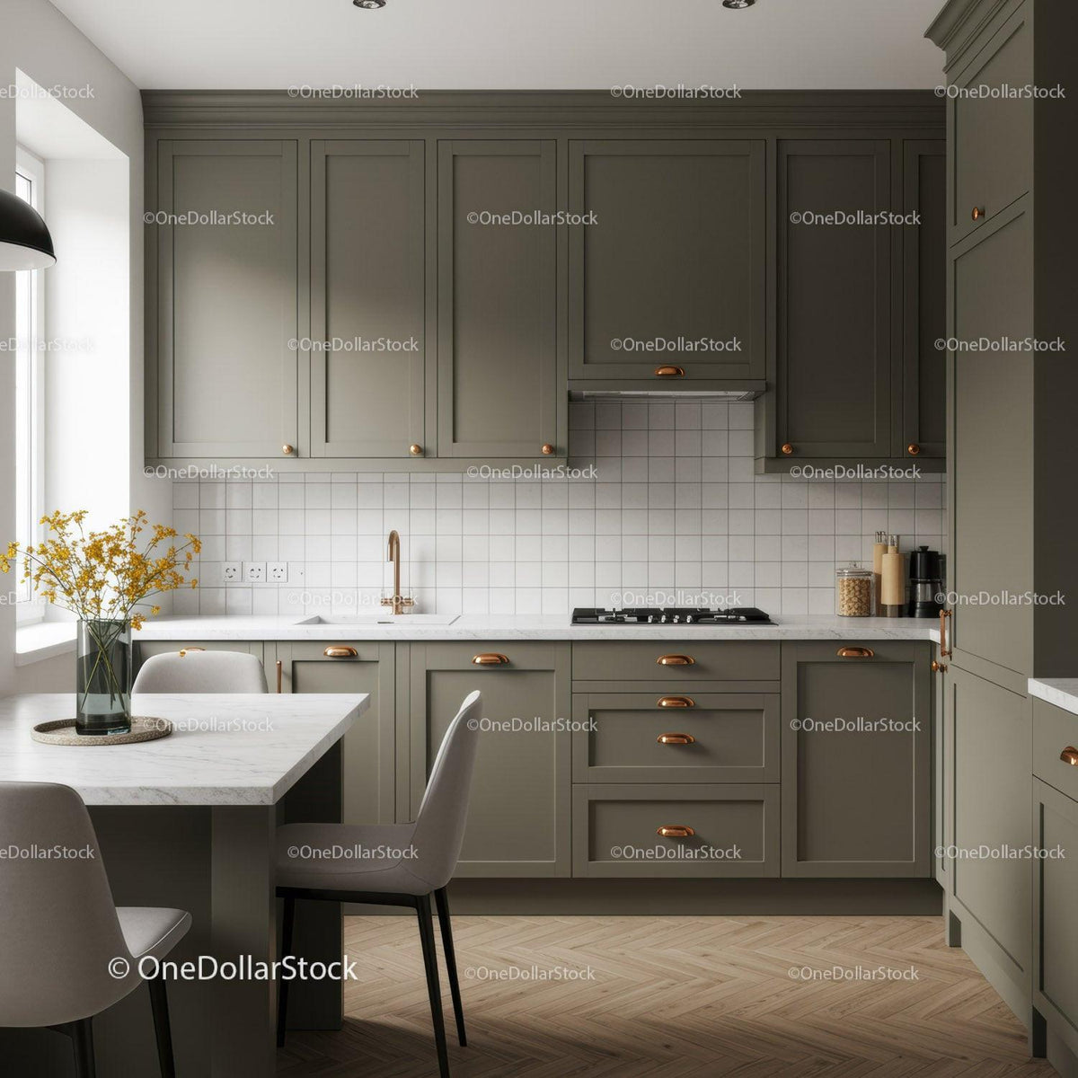 Modern Kitchen with Gray Cabinets and Marble Countertop
