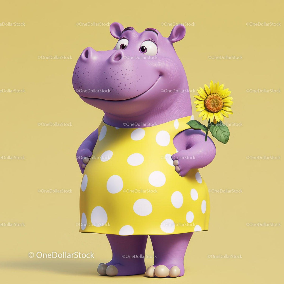 Purple hippopotamus in yellow polka dot dress holding sunflower on yellow background