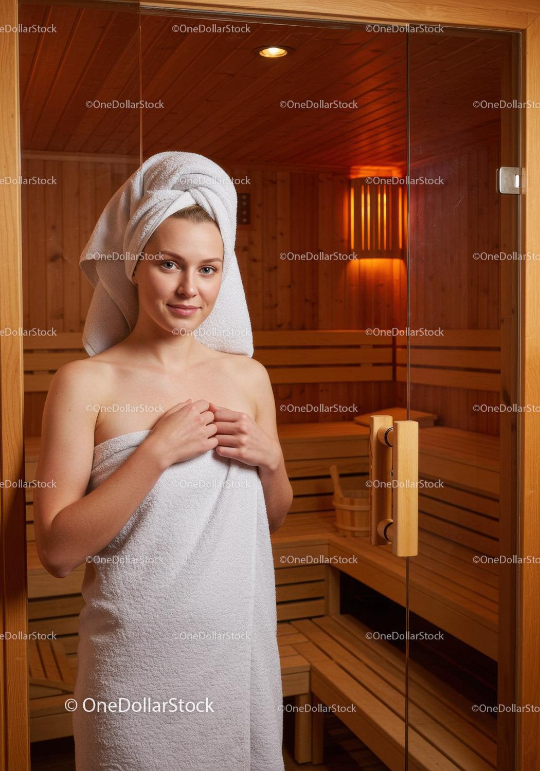 Relaxing Woman in White Towel Inside Wooden Sauna Room
