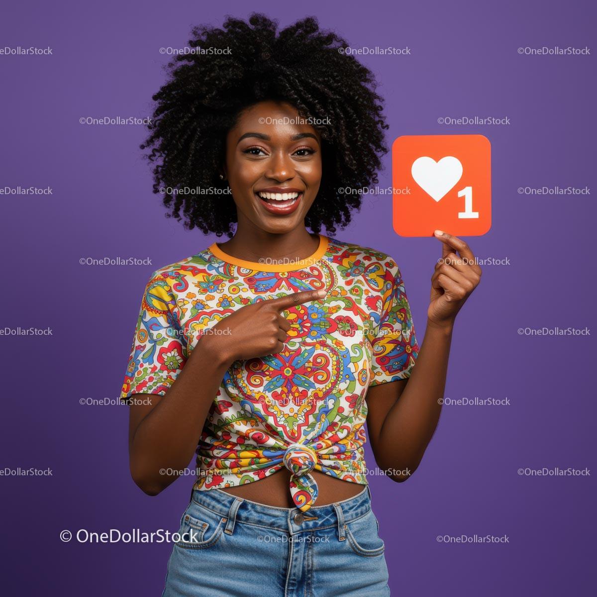 Smiling Woman Holding Heart Sign with Colorful Shirt Against Purple Background Stock Photo Bundle preview 36