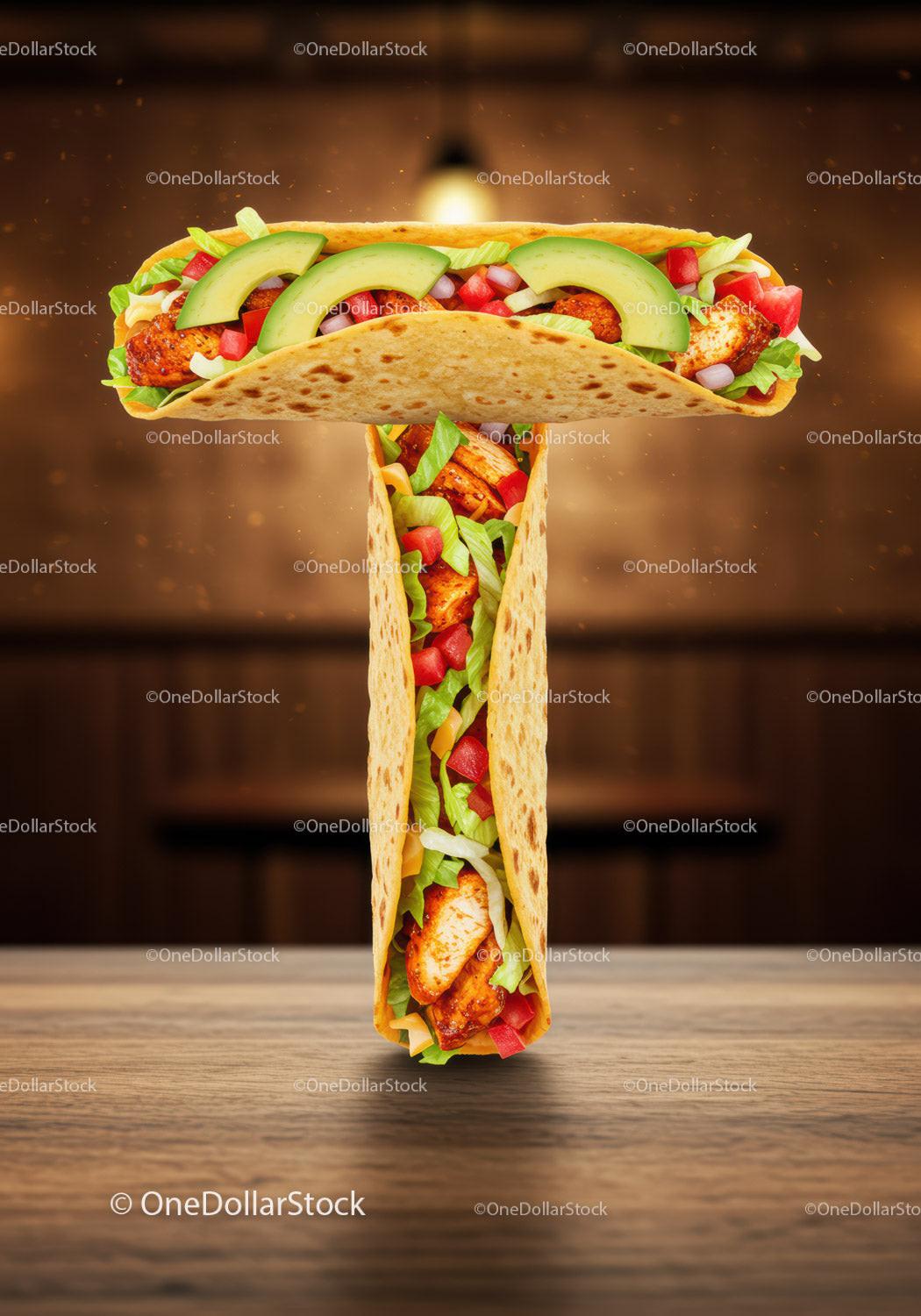 Tasty chicken and vegetable tacos shaped like letter T
