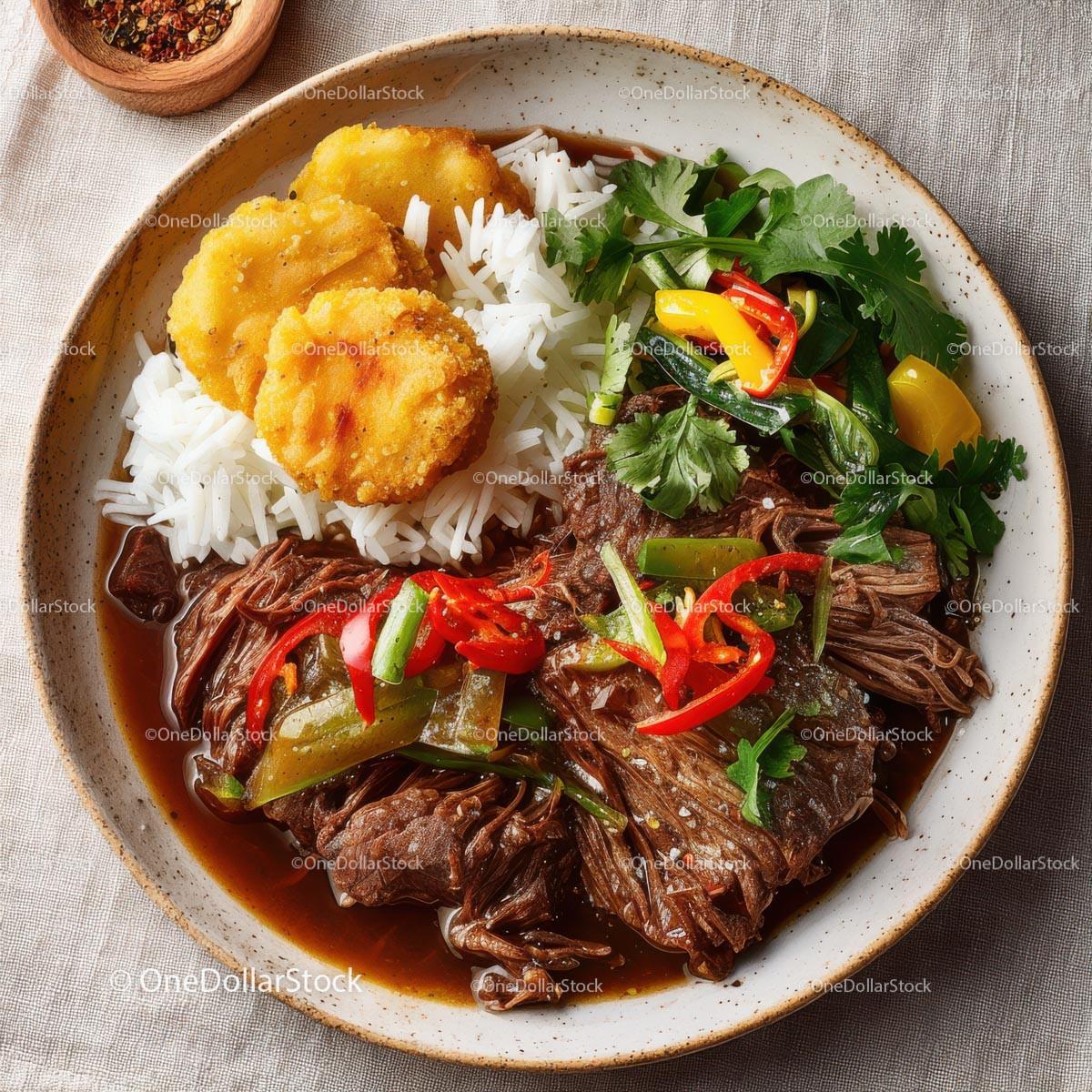 Savory Beef Stew with Rice and Crispy Plantains