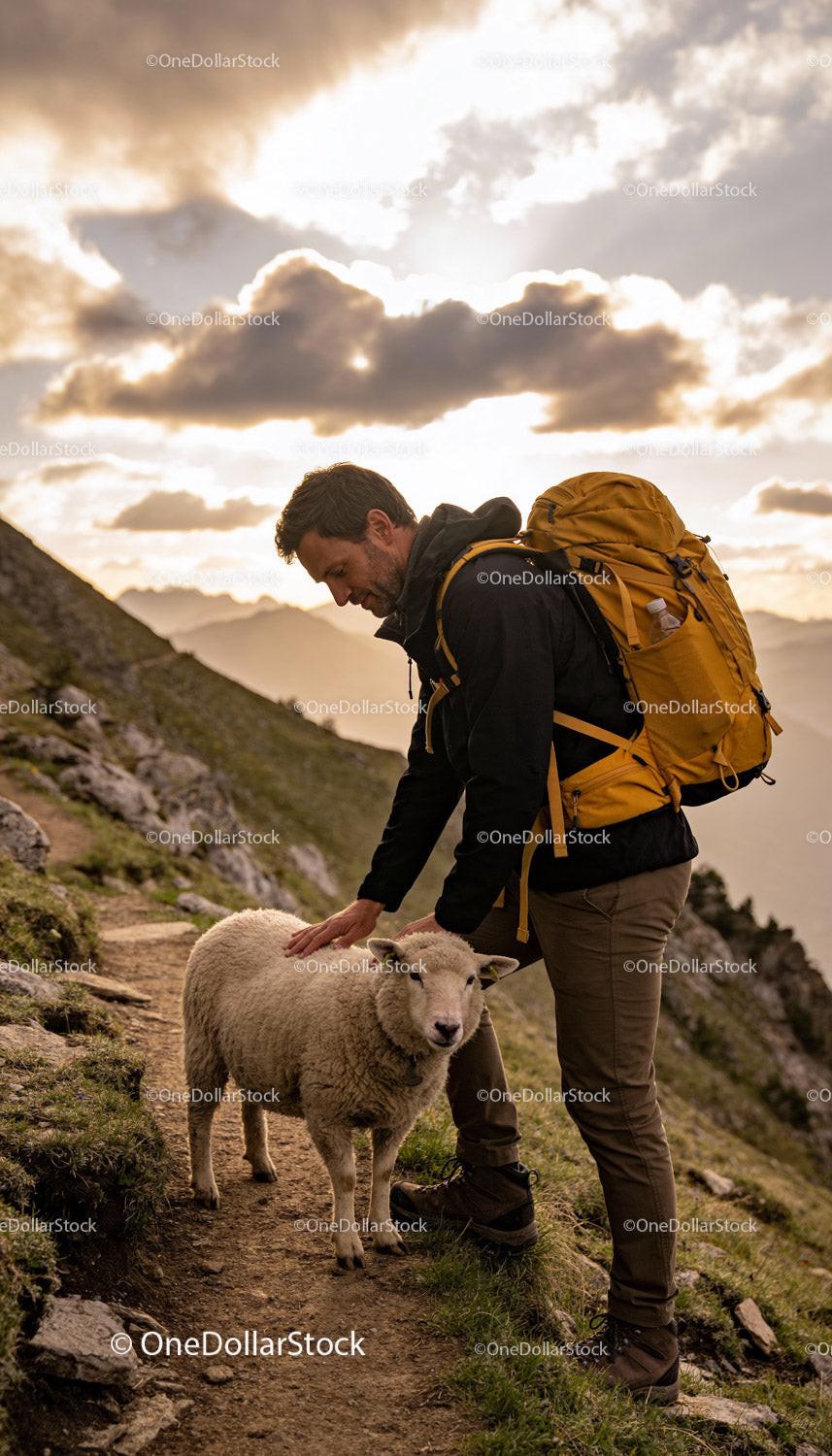 Hiker Petting Friendly Sheep on Mountain Trail at Sunset
