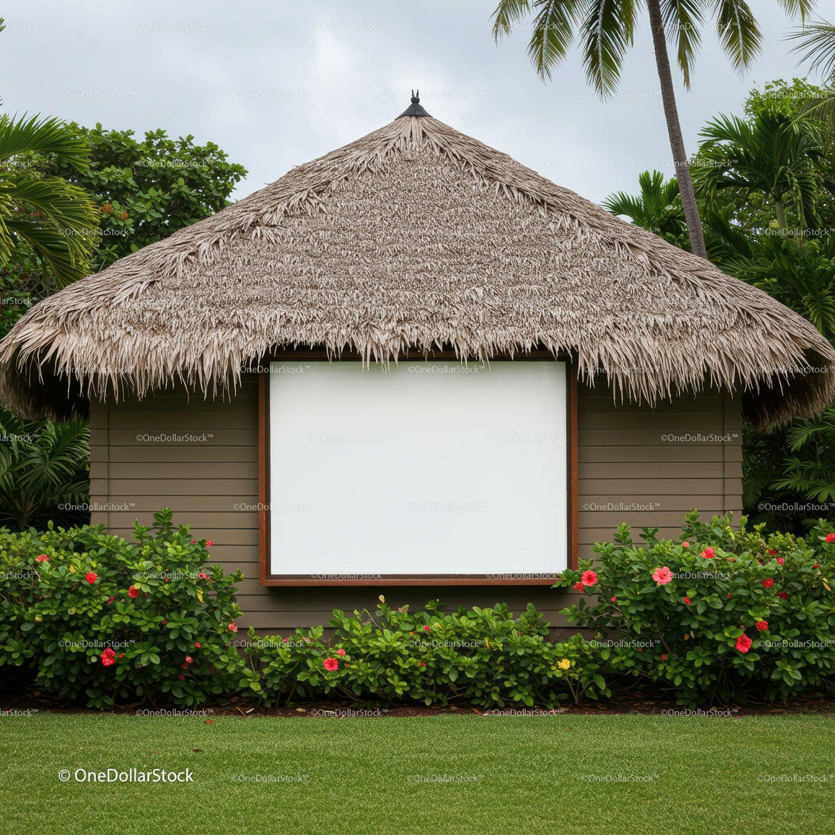 Tropical outdoor movie screen under thatched roof hut JPG Mockup Image preview