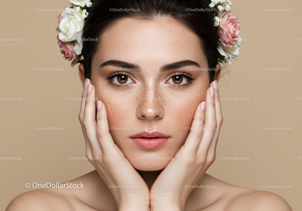 Close-up of a Young Woman with Freckles and Floral Crown on Beige Background