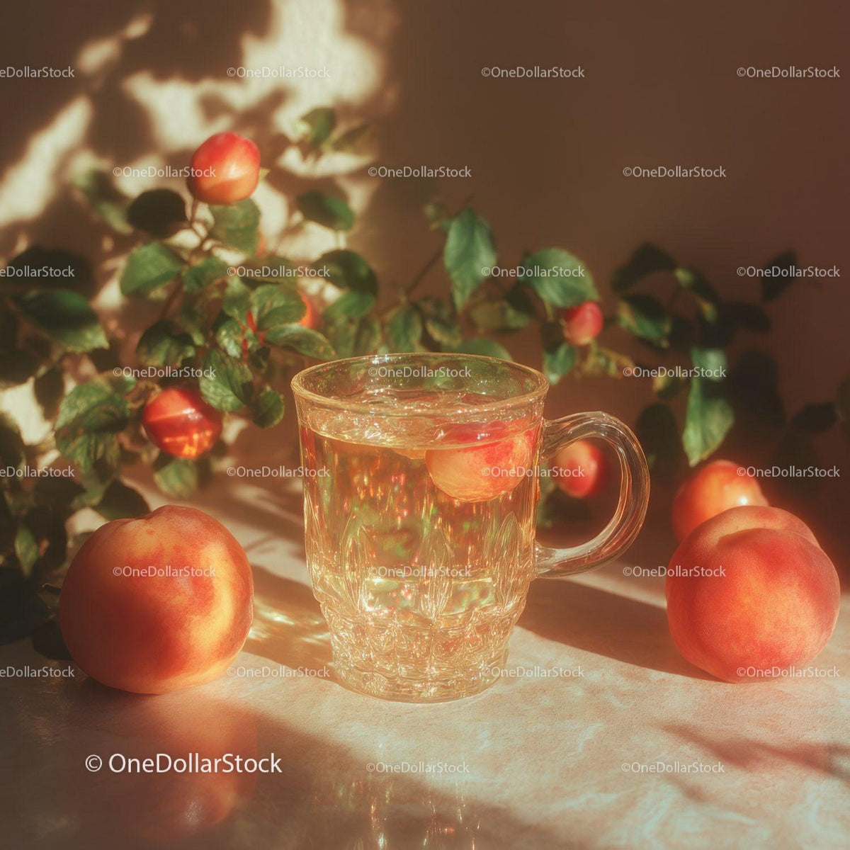 Peach Fruit with Glass Mug in Bright Garden Setting