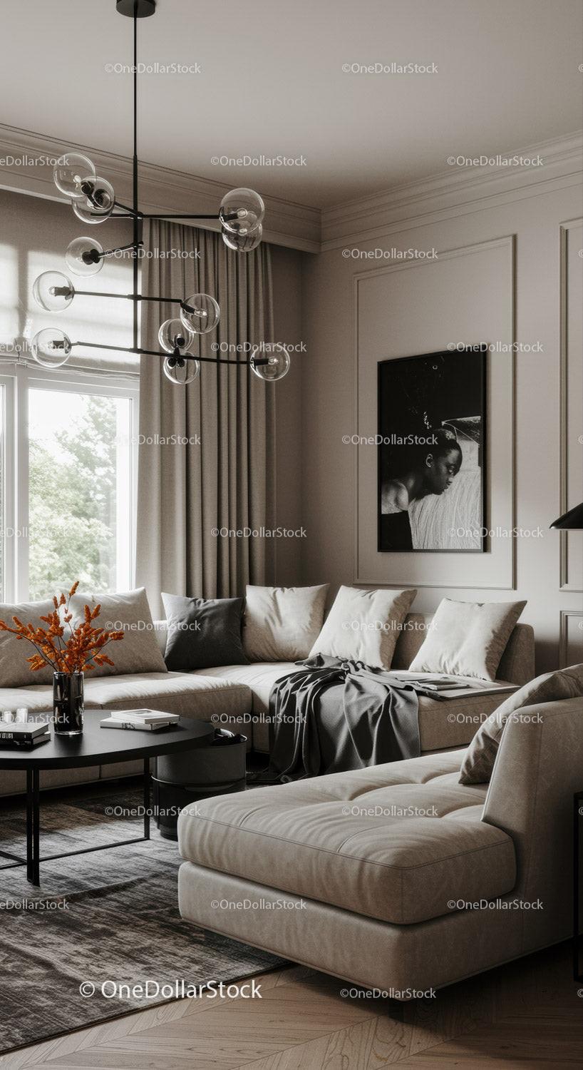 Modern Living Room with Beige Sofa and Stylish Pendant Light