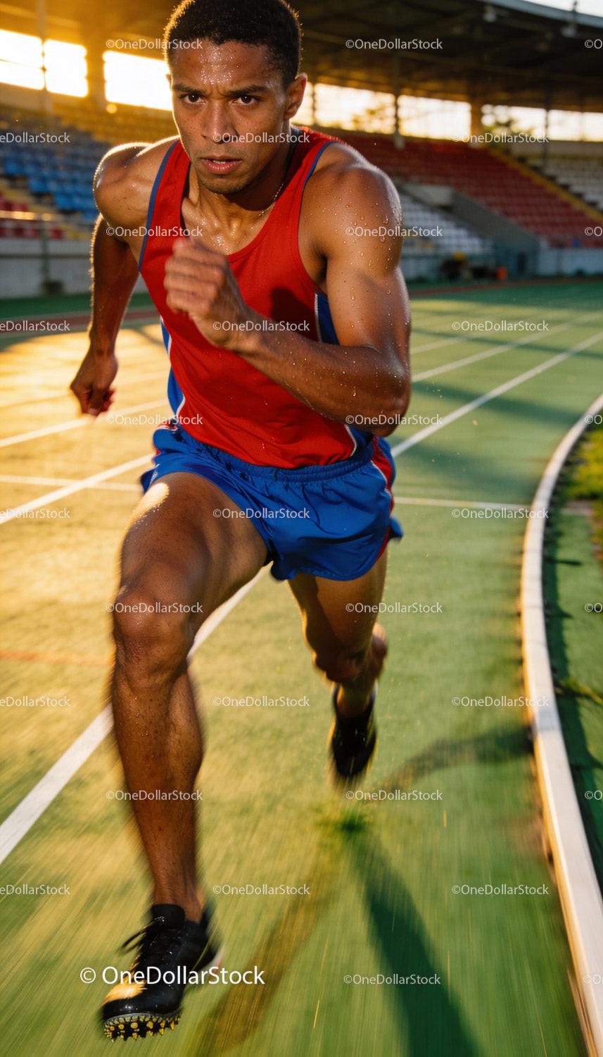 Focused male sprinter running on outdoor track at sunset