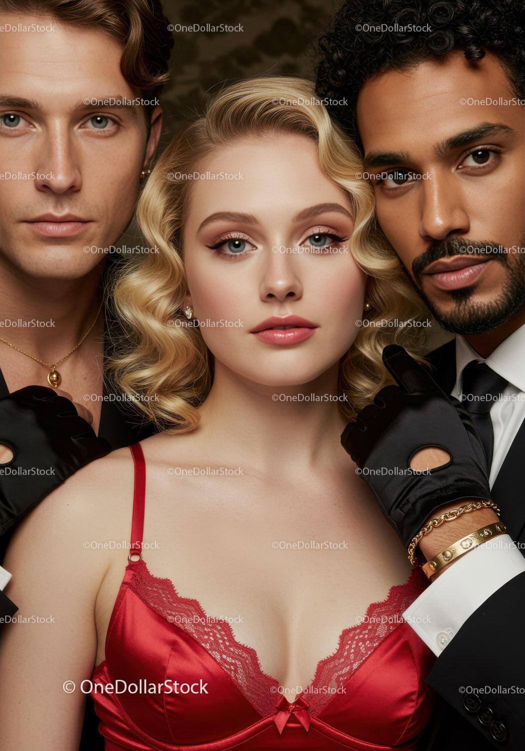 Glamorous Woman in Red Lingerie with Stylish Men in Tuxedos