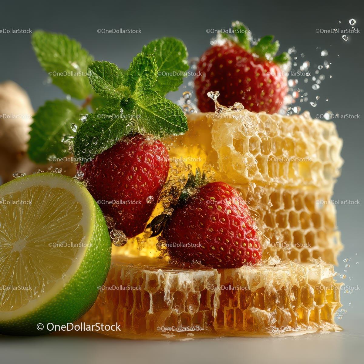Fresh Honeycomb with Strawberries and Lime Garnish Stock Photo Bundle preview 27