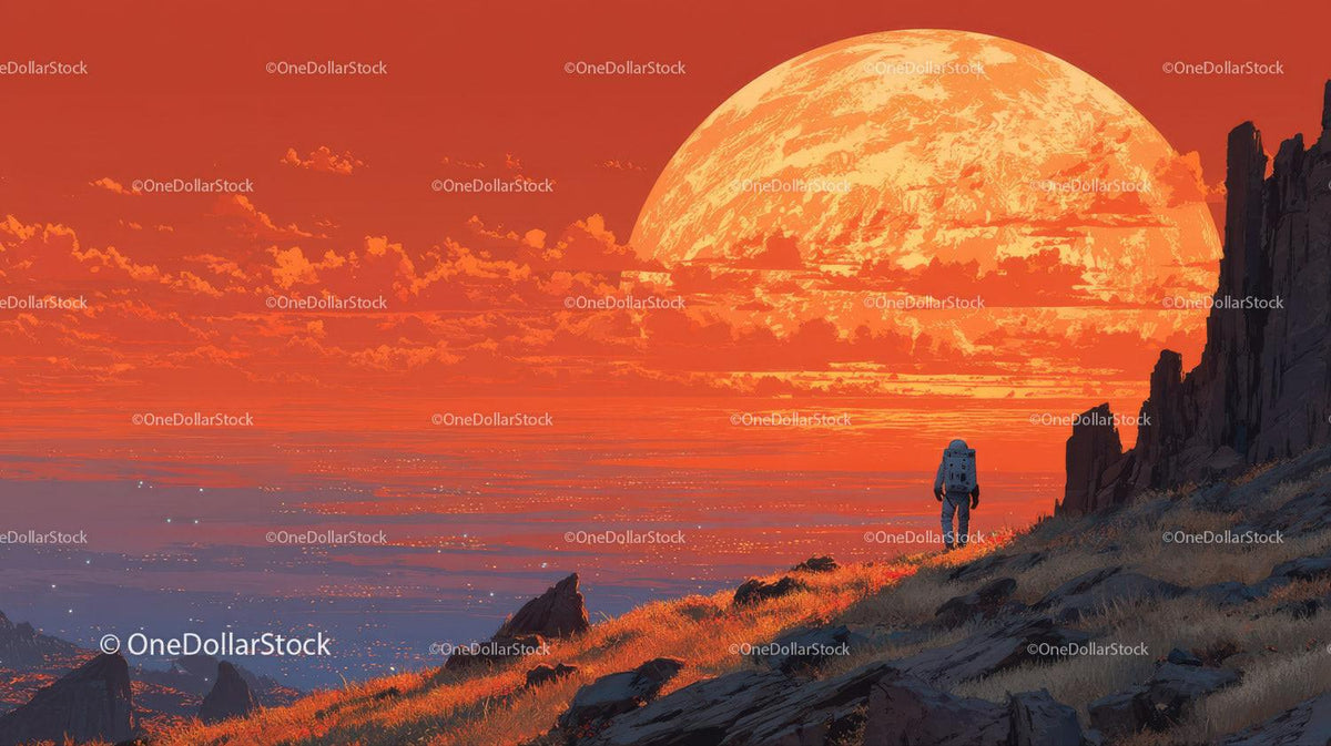 Astronaut Exploring a Surreal Alien Landscape with a Giant Orange Planet Stock Photo Bundle preview 16