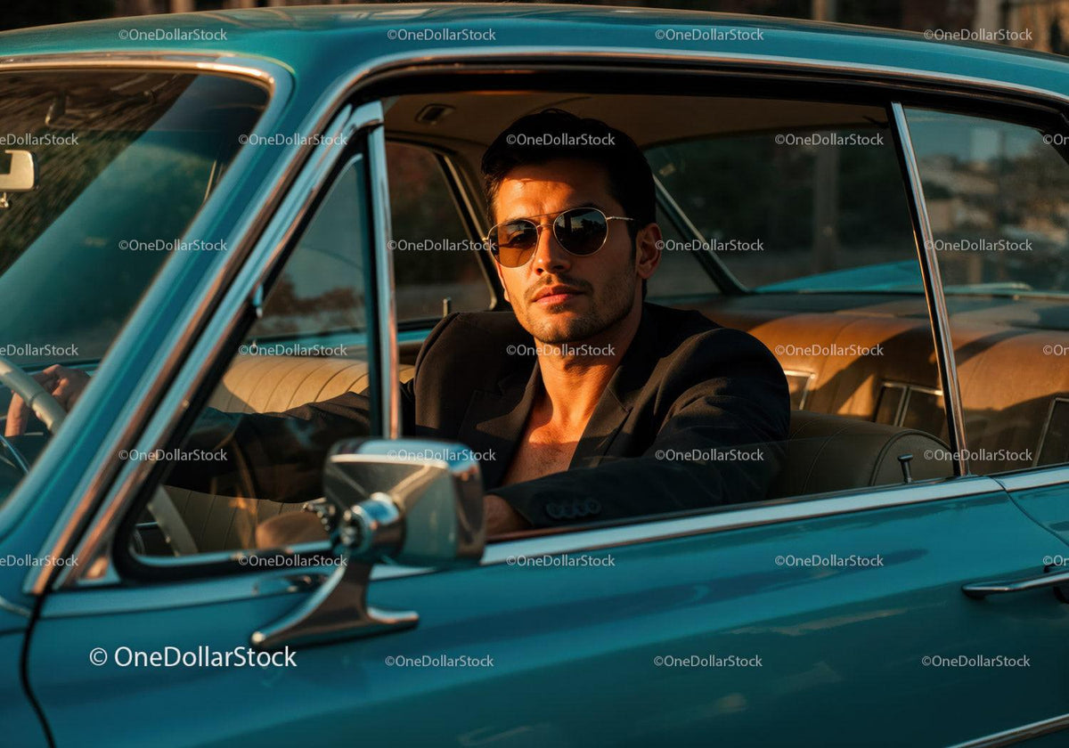 Stylish Man in Sunglasses Sitting in Classic Vintage Car at Sunset Stock Photo Bundle preview 22