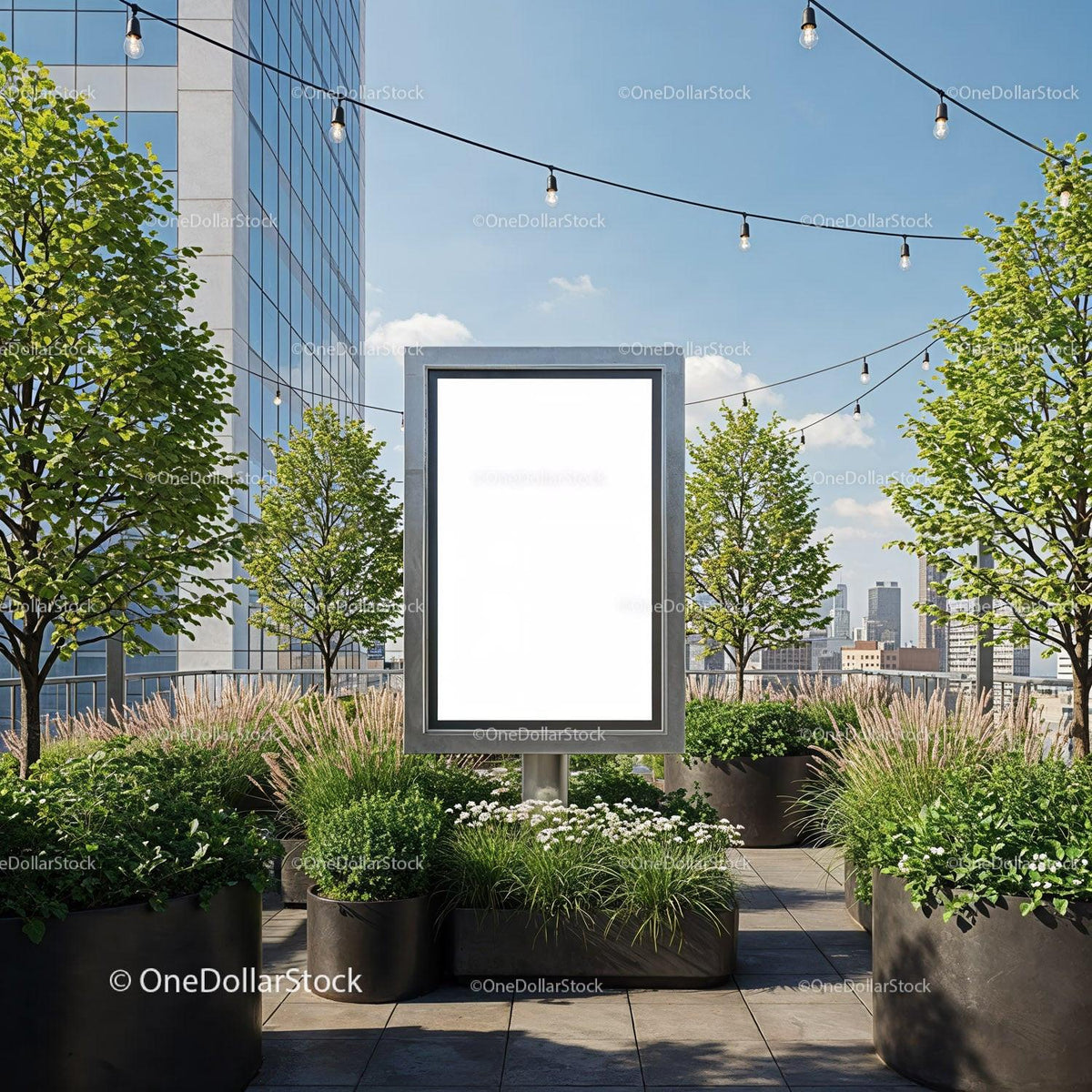 Blank billboard on urban rooftop garden with city view JPG Mockup Image preview