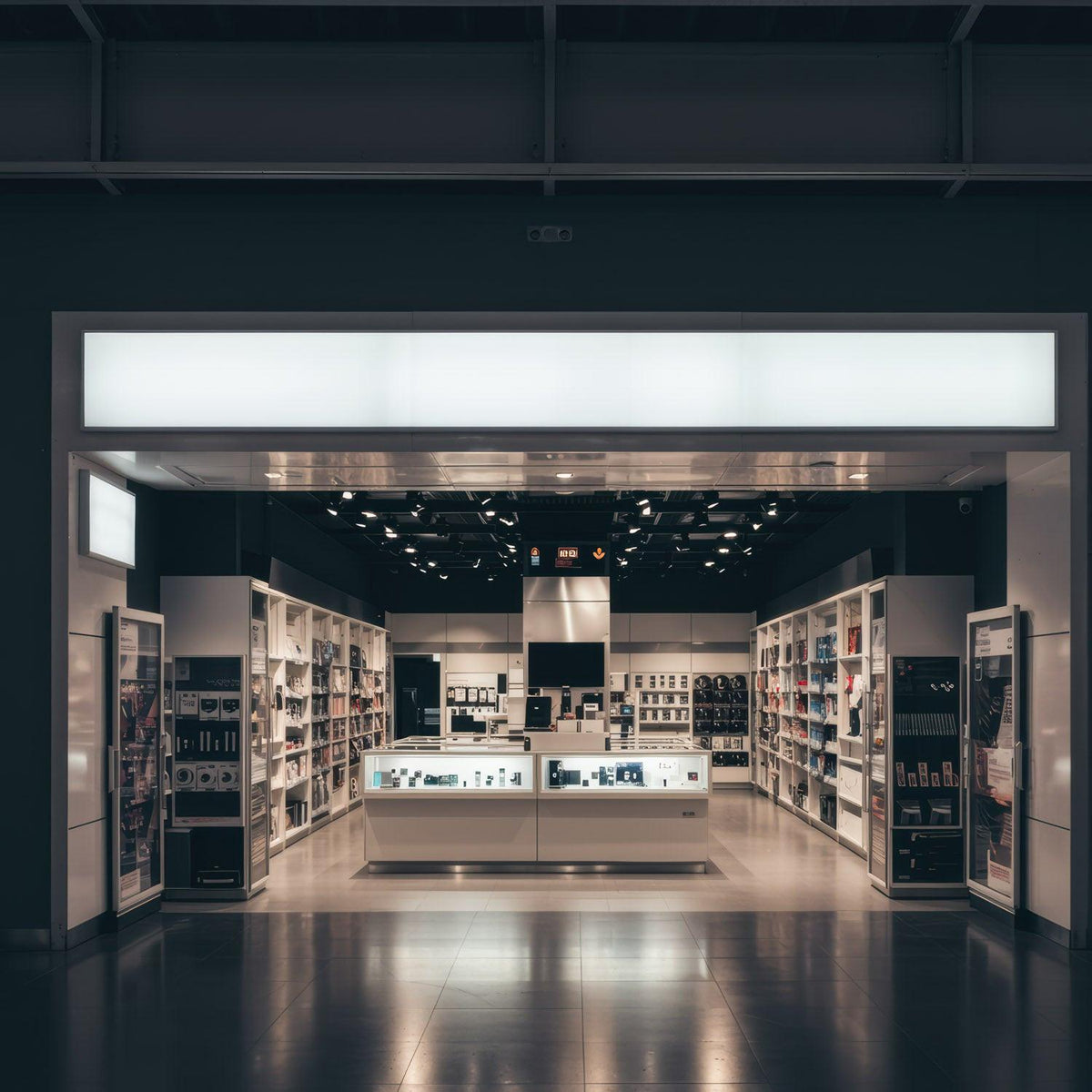 Modern Electronics Store Interior with Display Counters JPG Mockup Image preview