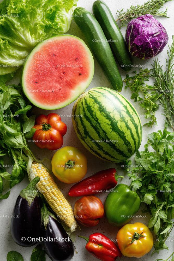 Fresh Watermelon, Zucchini, Cherry Tomatoes and Colorful Vegetables