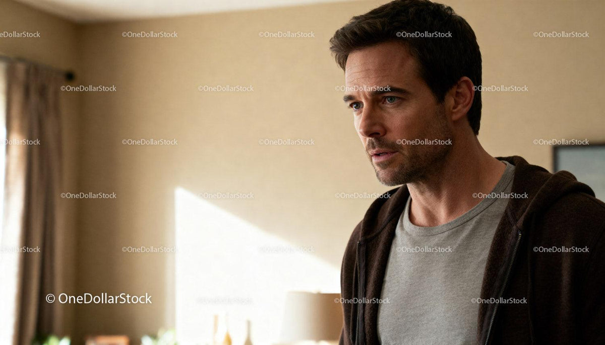 Thoughtful man standing alone in cozy room