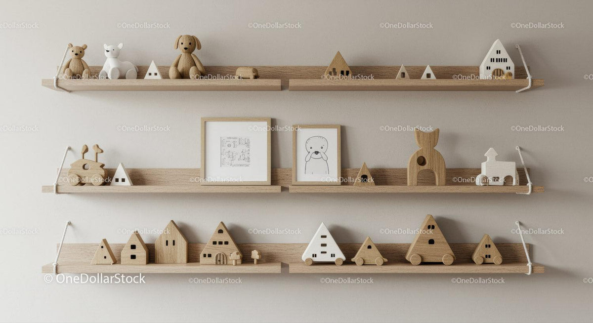 Wooden Animal and House Toy Set on Minimalist Nursery Shelves