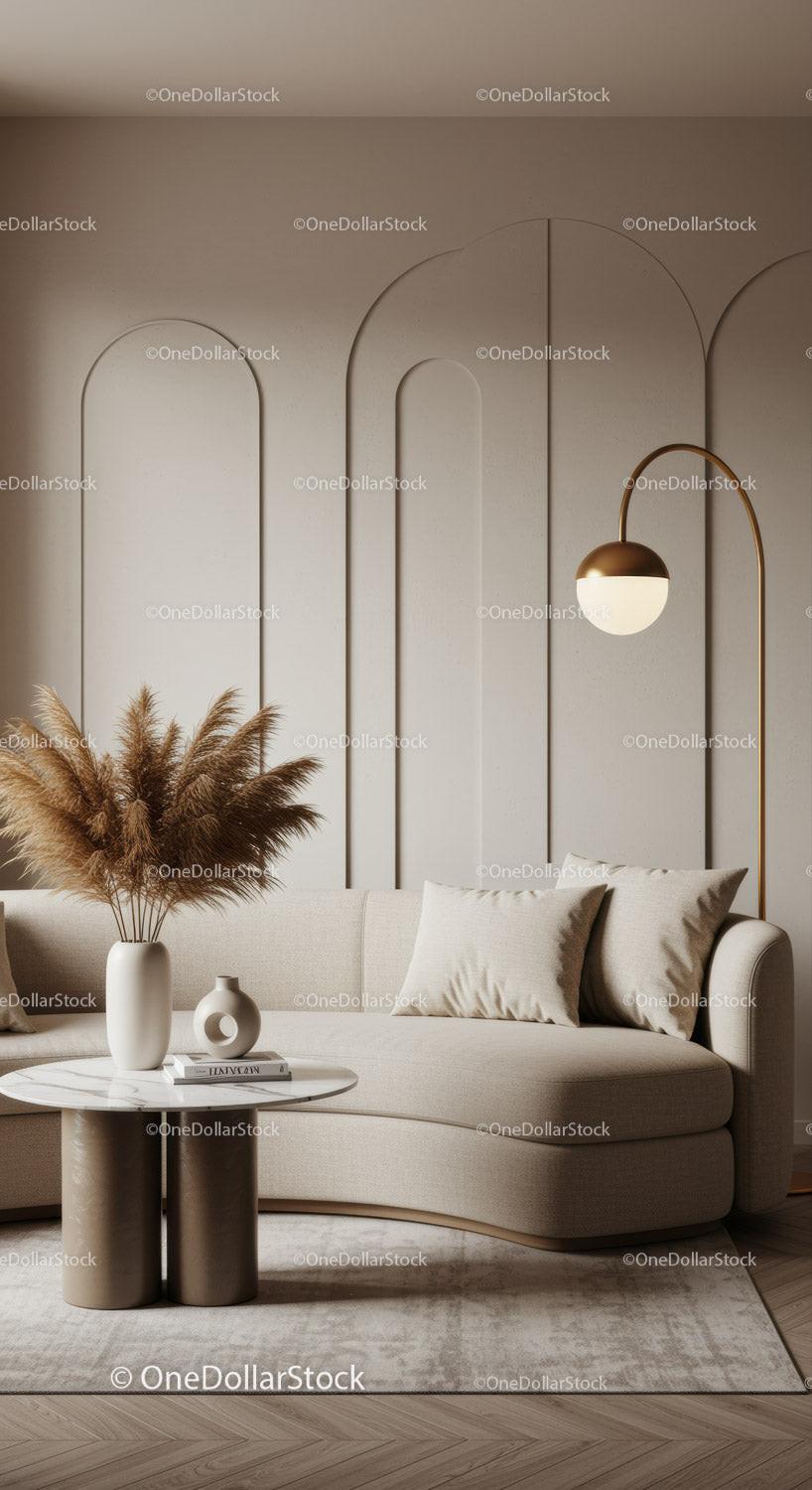 Cozy beige living room with modern curved sofa and decor