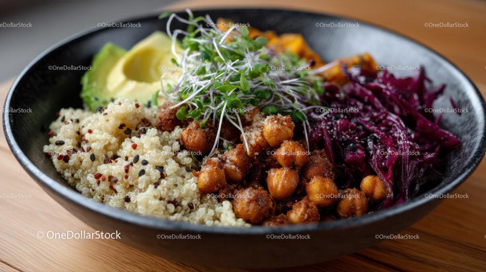 Colorful Quinoa Salad with Avocado Roasted Chickpeas and Microgreens Stock Photo Bundle preview 8