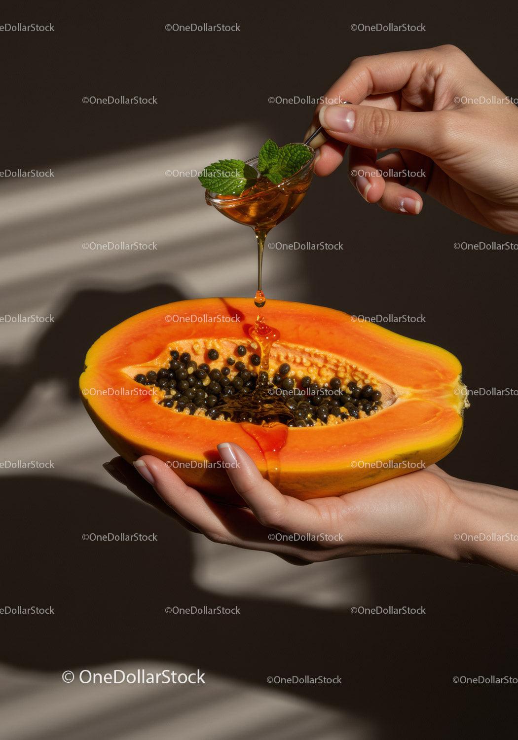 Golden honey drizzling over fresh ripe papaya with mint