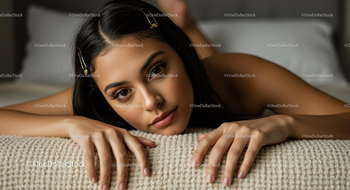 Young Woman Resting on Couch with Stylish Hair Clips and Natural Makeup