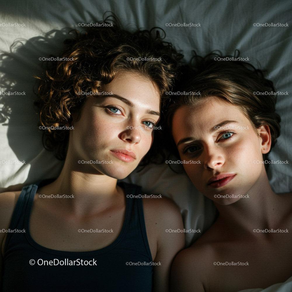 Two Young Women Relaxing Together in a Cozy Bedroom Setting Stock Photo Bundle creative preview 4