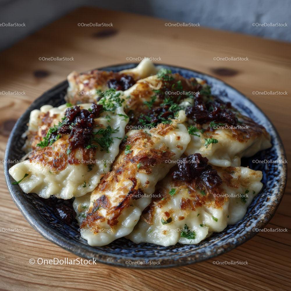 stock photo bundle made with Delicious Fried Potstickers with Soy-Glazed Onion Garnish in a Rustic Bowl Stock Photo Bundle