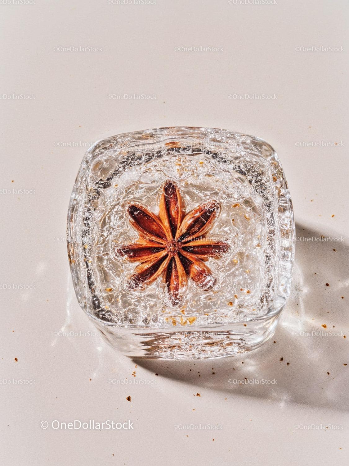 Star anise frozen inside a clear ice cube closeup