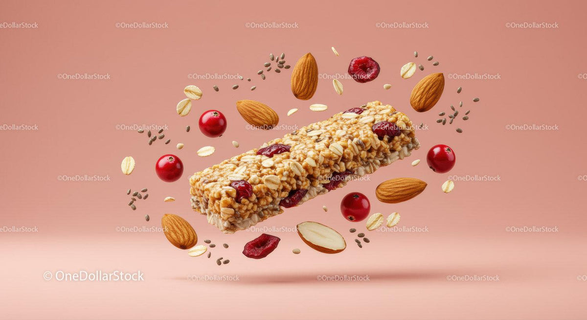 Healthy granola bar with nuts and berries springing up