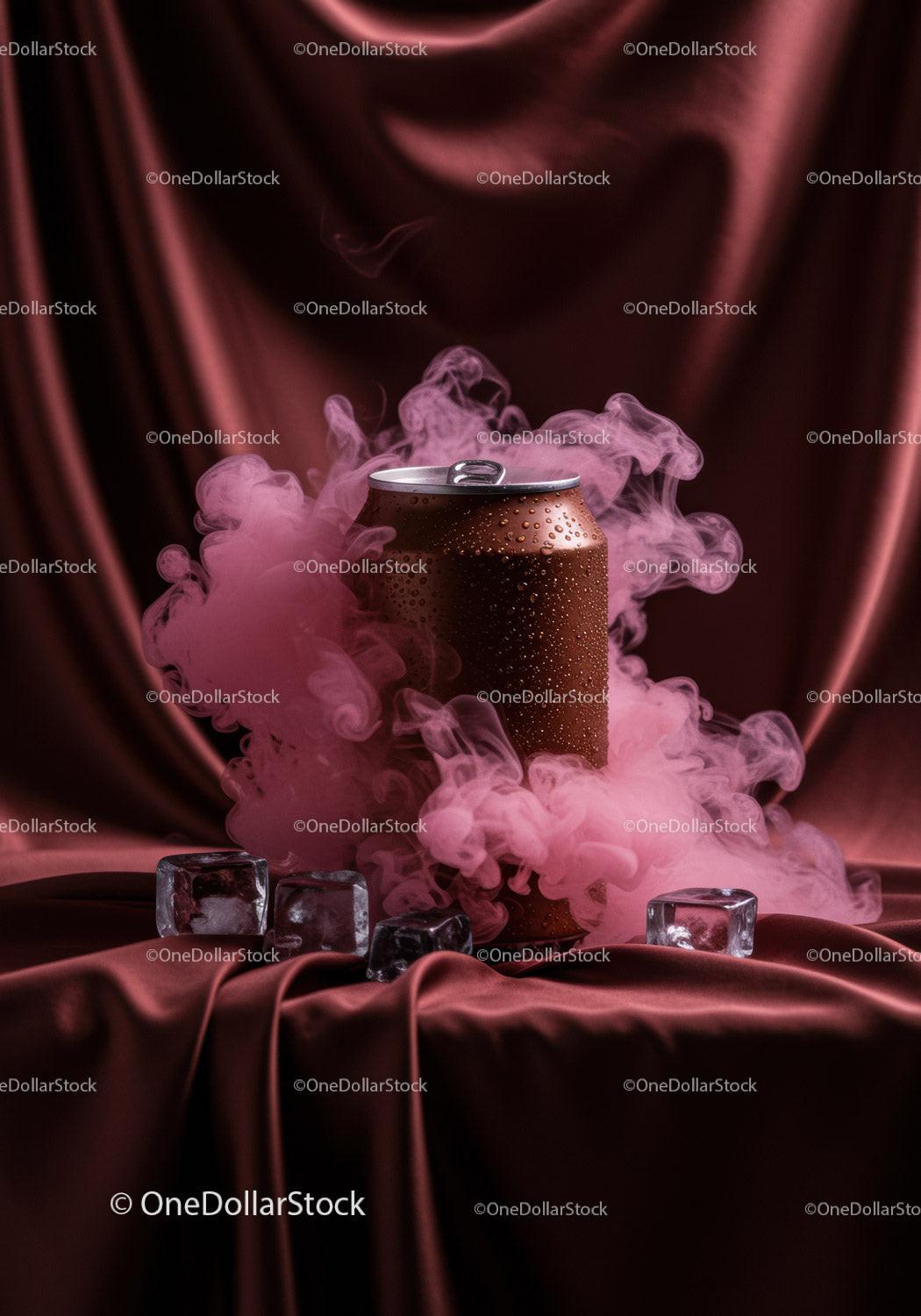 Cold beverage can surrounded by smoke and ice cubes