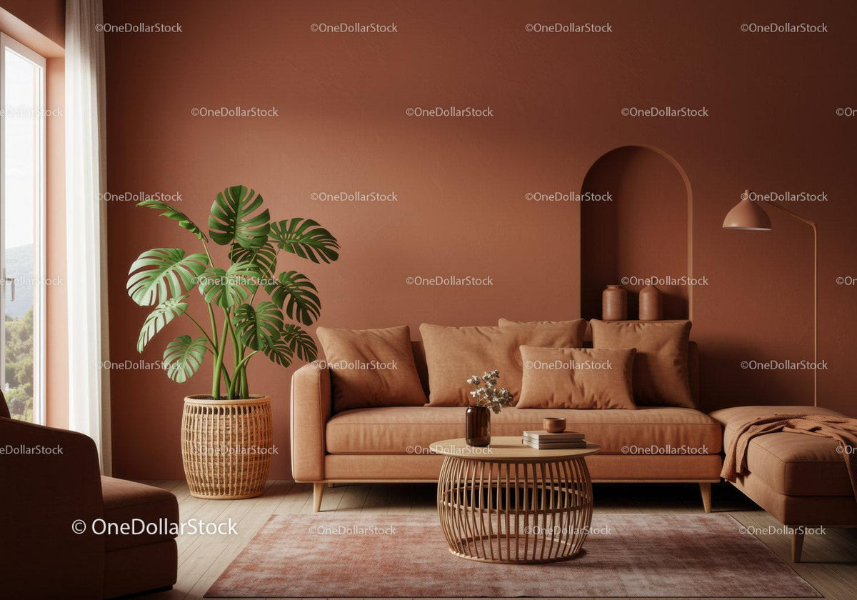 Cozy Living Room with Monstera Plant and Warm Terracotta Walls