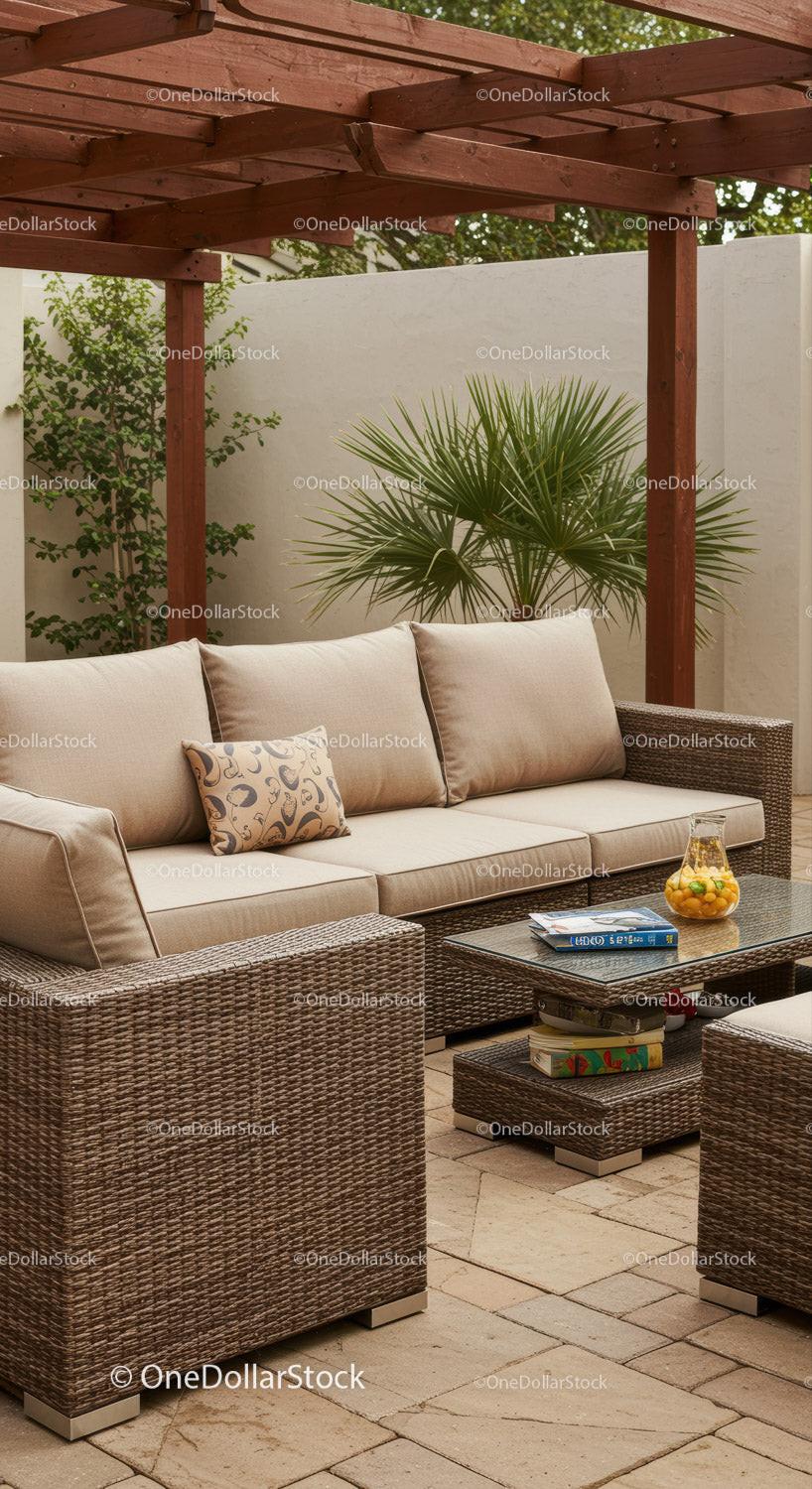 Elegant Outdoor Patio with Wicker Furniture and Lush Greenery