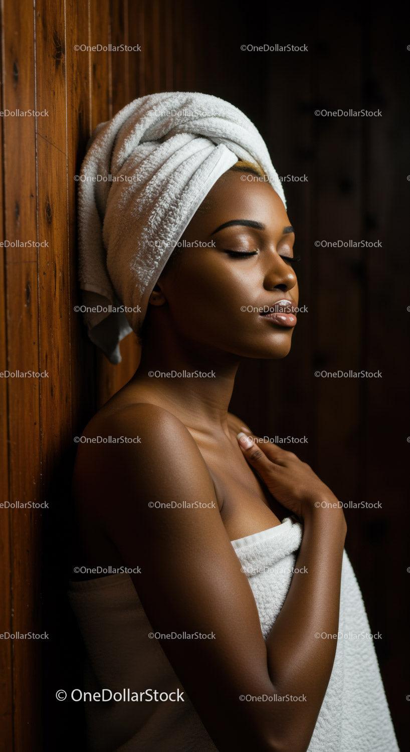 Elegant Woman Relaxing with Towel Wrap in Spa Setting