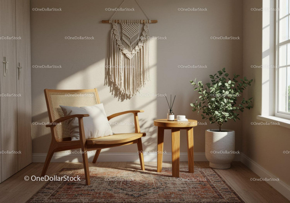 Cozy sunlit corner with wooden chair and indoor plant