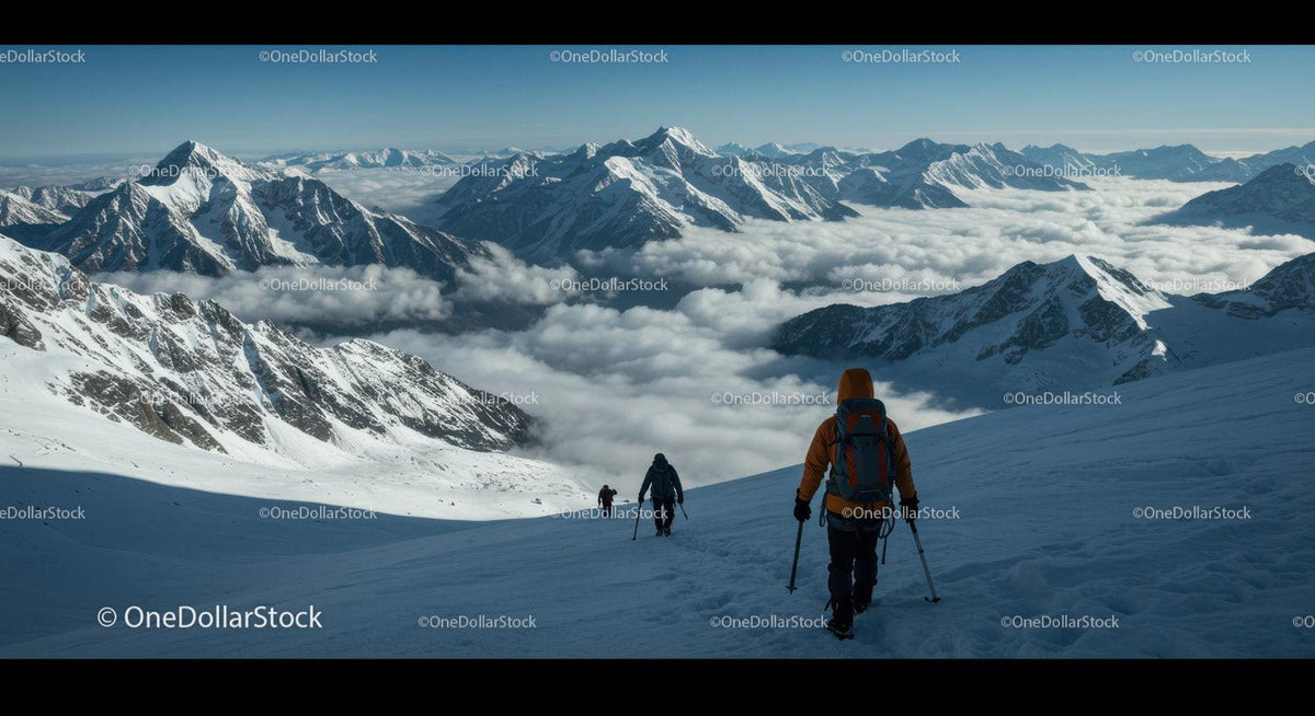 Majestic Snow-Covered Mountain Range with Hikers in Cold Climate