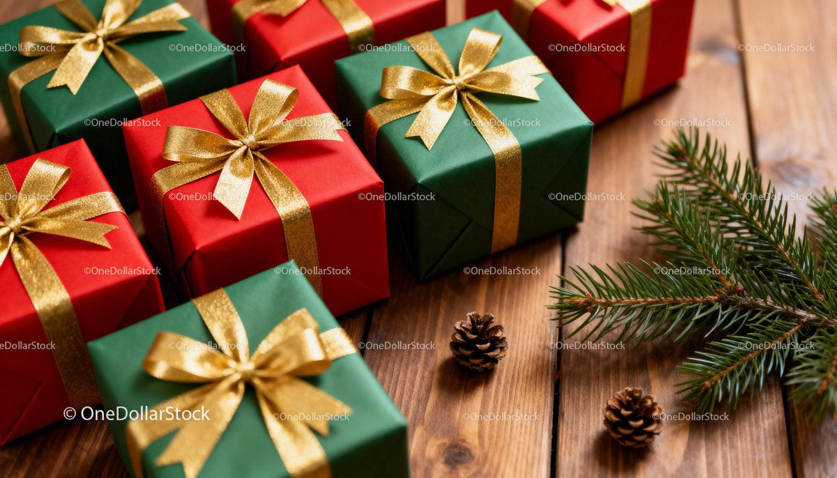 Festive Christmas Gifts with Golden Bows on Wood