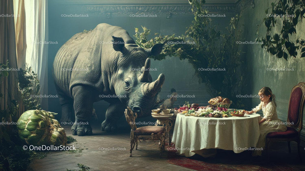 Young girl dining at table next to large rhinoceros in decorated room