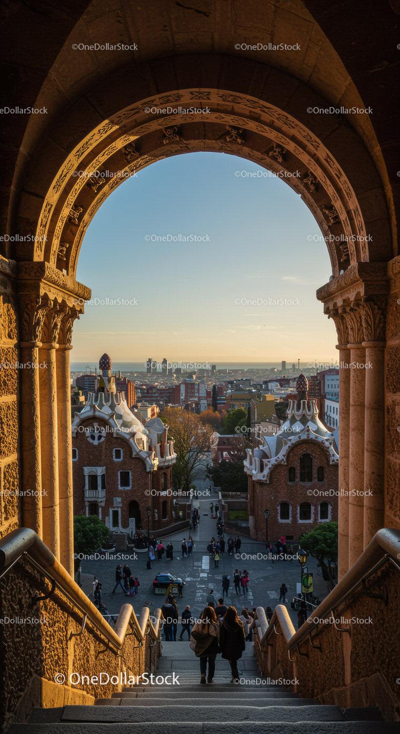 View of Guell Park with Iconic Architecture and City Skyline at Sunset