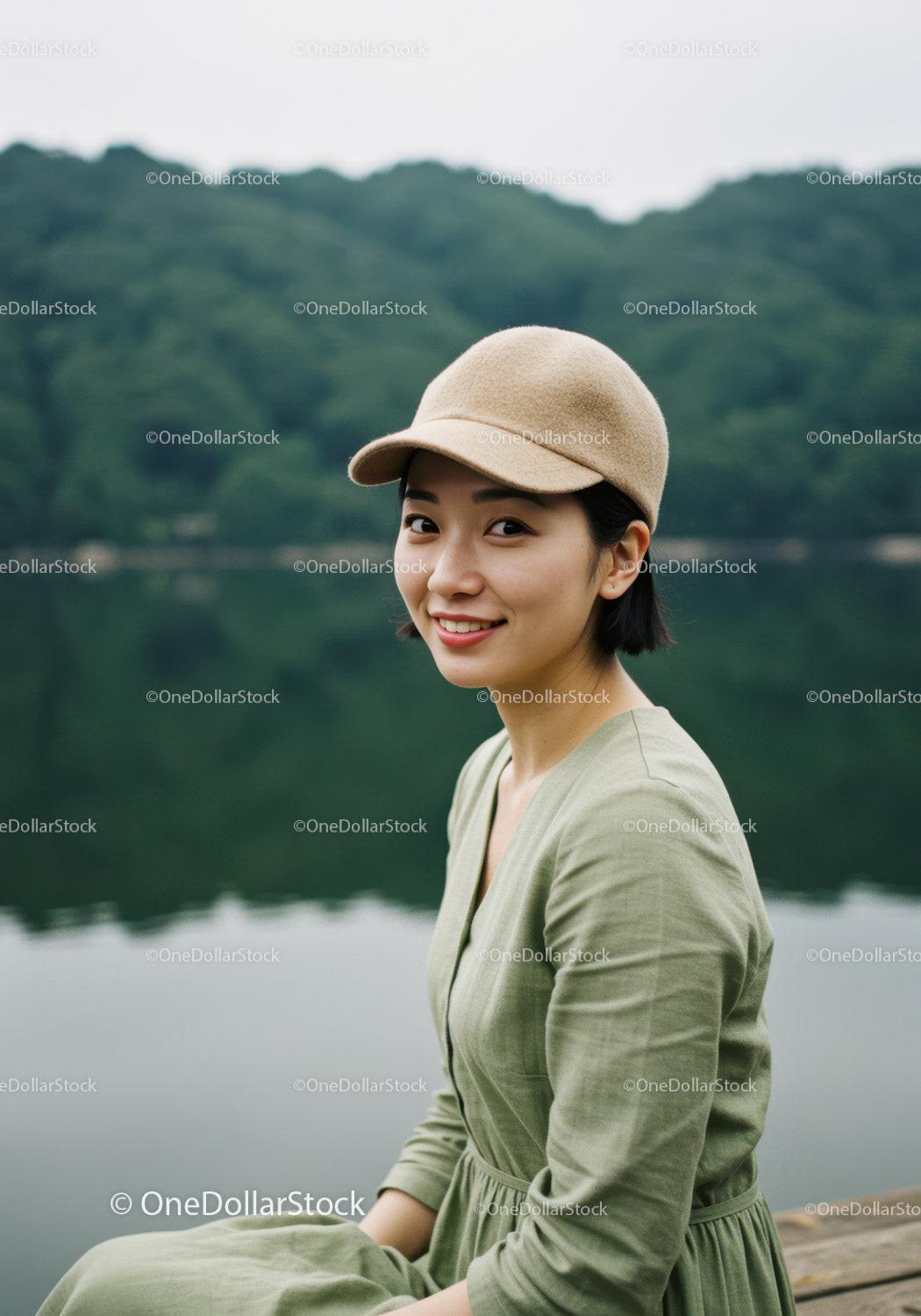 Young Woman in Green Dress Wearing Beige Cap Near Lake Landscape Stock Photo Bundle preview 8