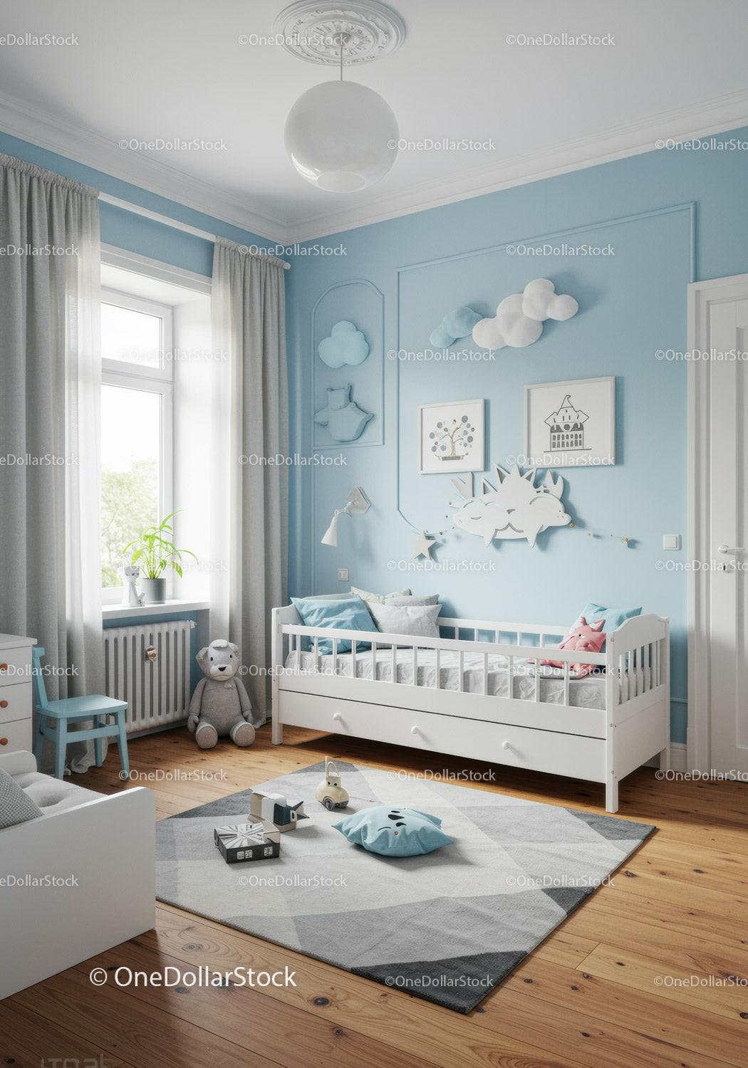 Bright Children's Nursery with Cloud Wall Decorations and Cozy Decor