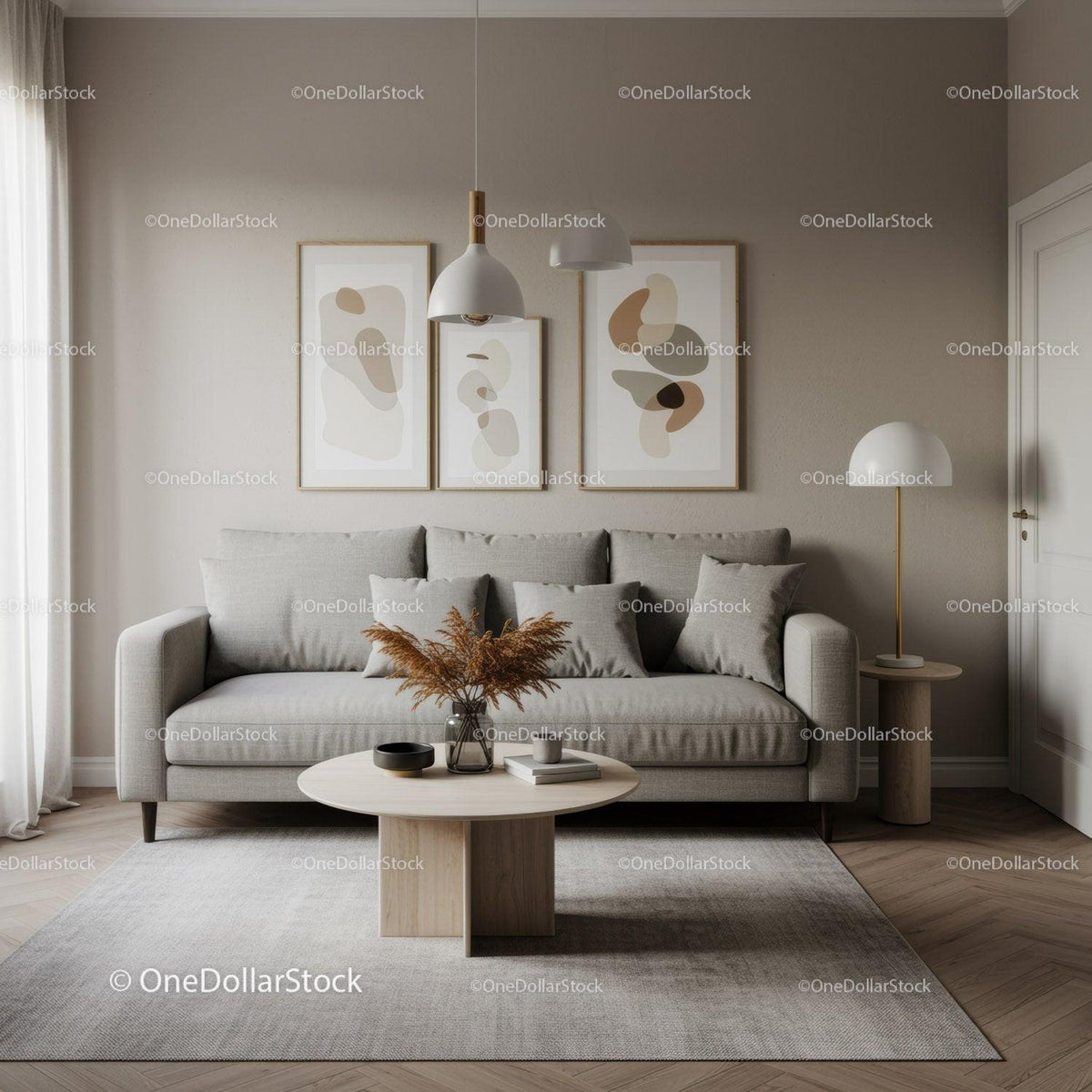 Elegant Modern Living Room with Beige Decor and Abstract Wall Art